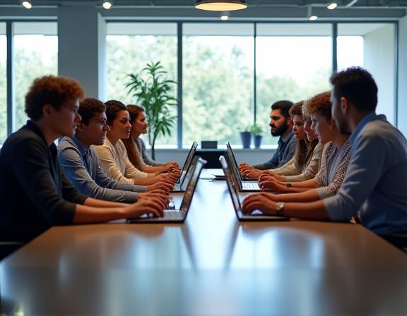 A diverse and professional team collaborating at a large table in a bright office.